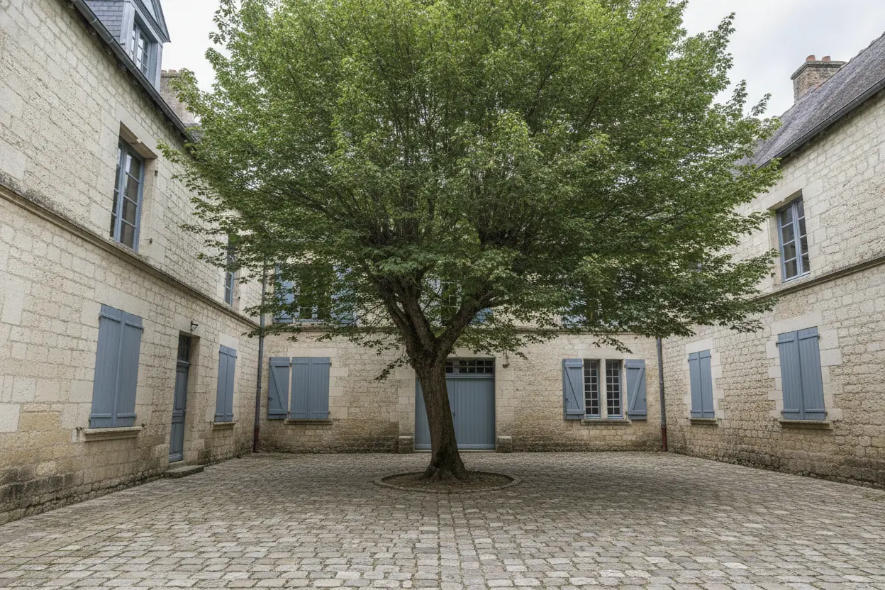 Arbre penché avant démontage dans une cour du Vaugueux