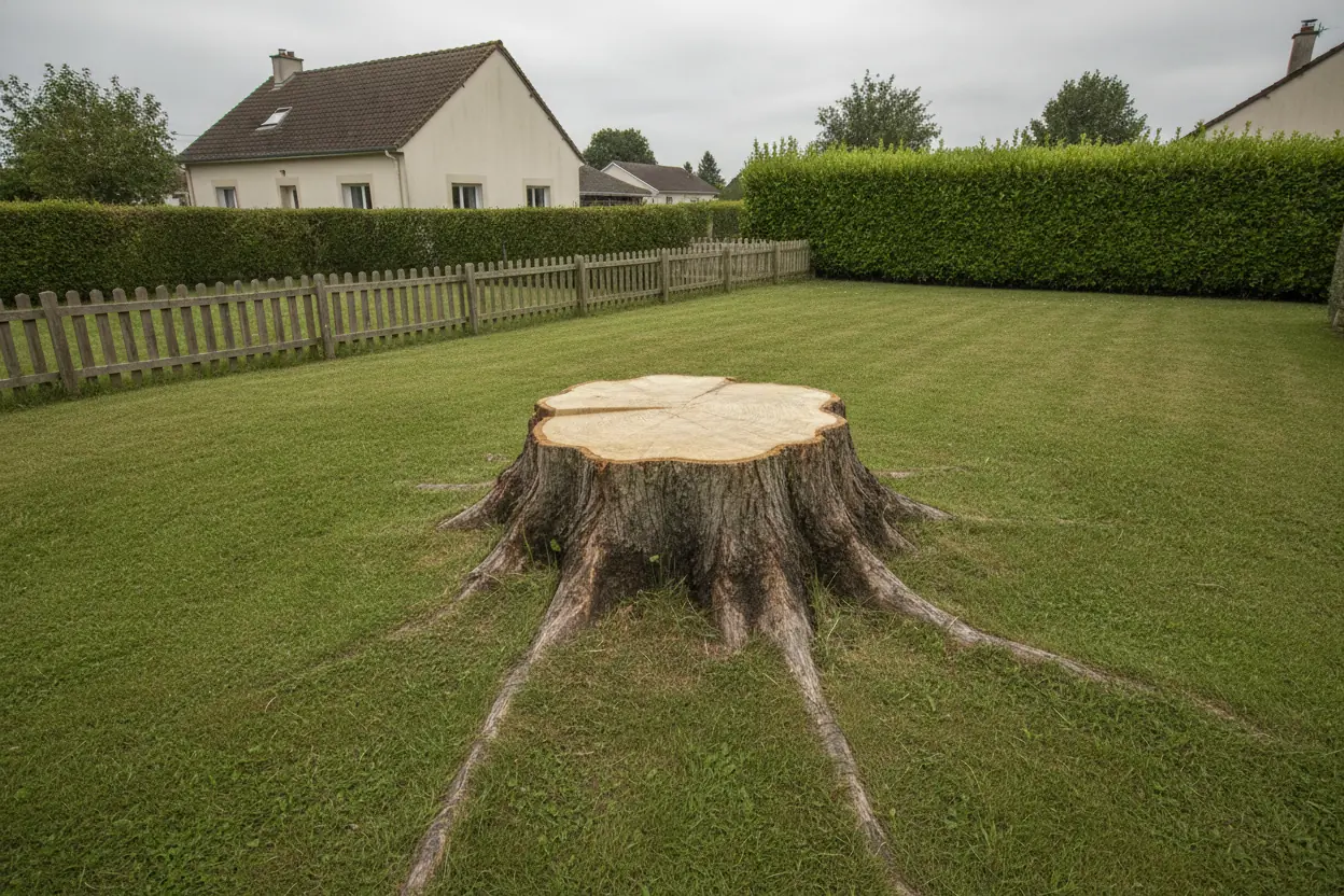 Souche gênante avant rognage dans un jardin de Venoix