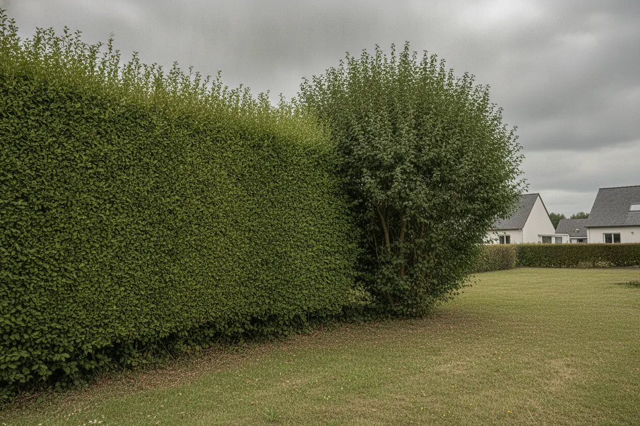 Haie nette et arbre éclairci après intervention au Chemin Vert