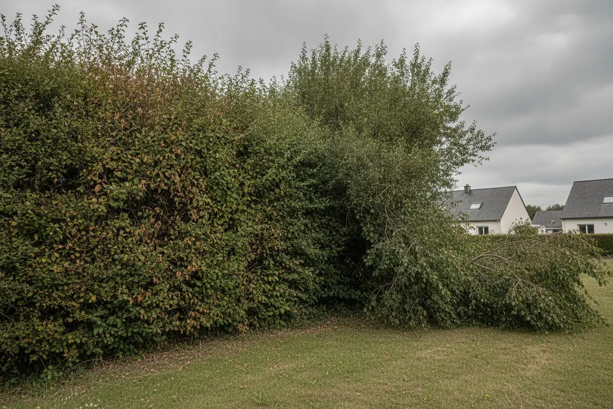 Haie et branches denses avant taille au Chemin Vert