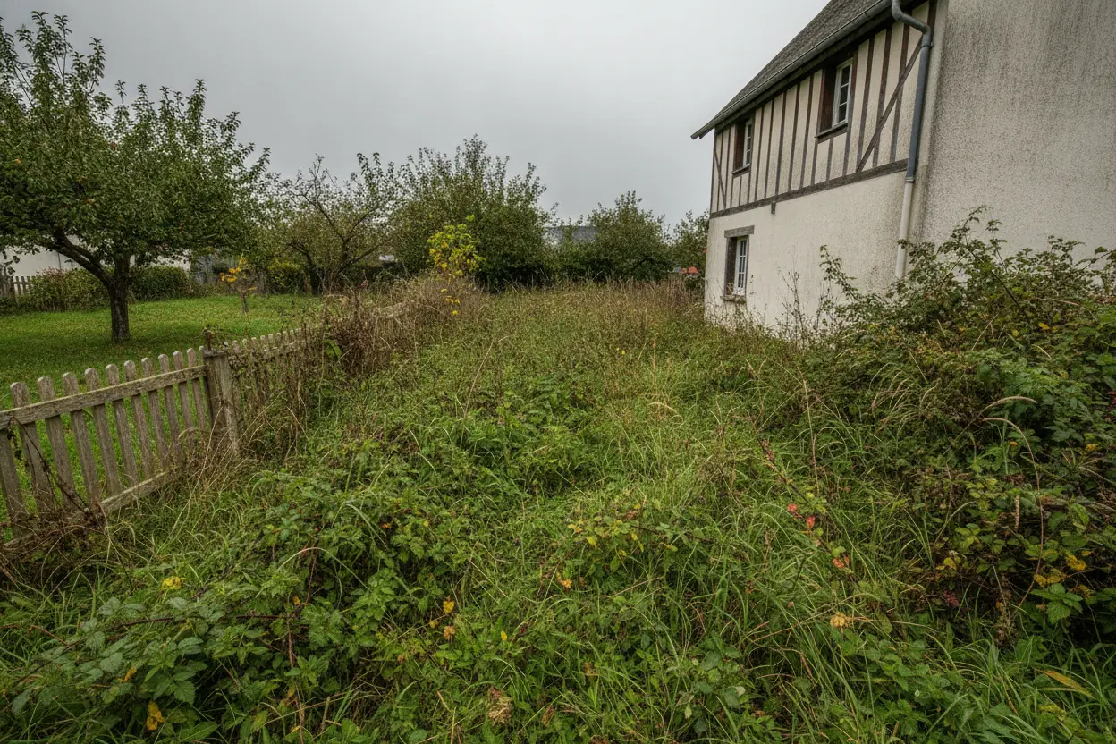 Terrain envahi avant débroussaillage à Caen