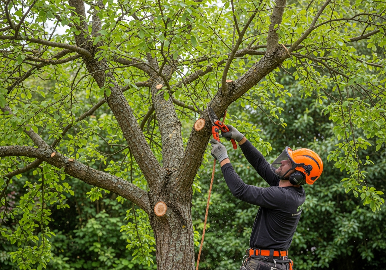 Élagueur taillant un arbre dans un jardin à Caen