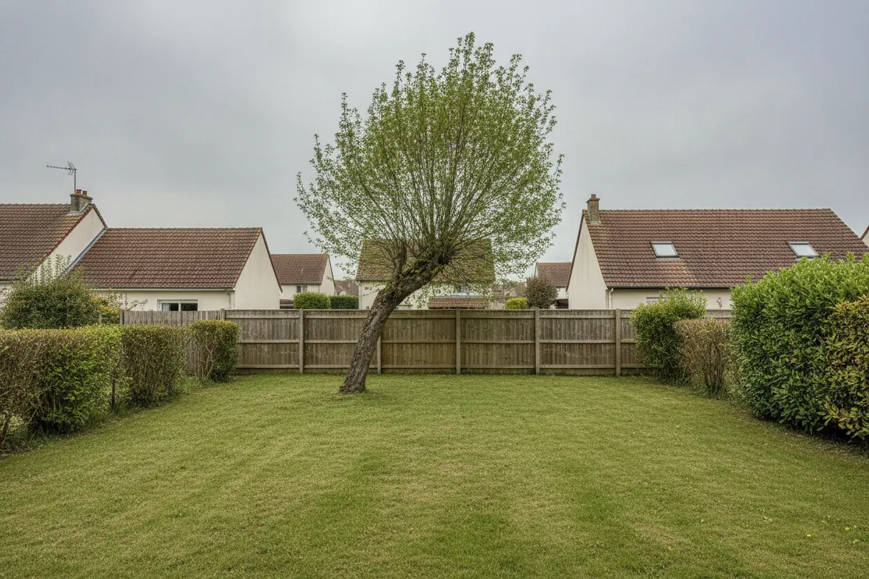 Arbre incliné avant démontage dans un jardin caennais