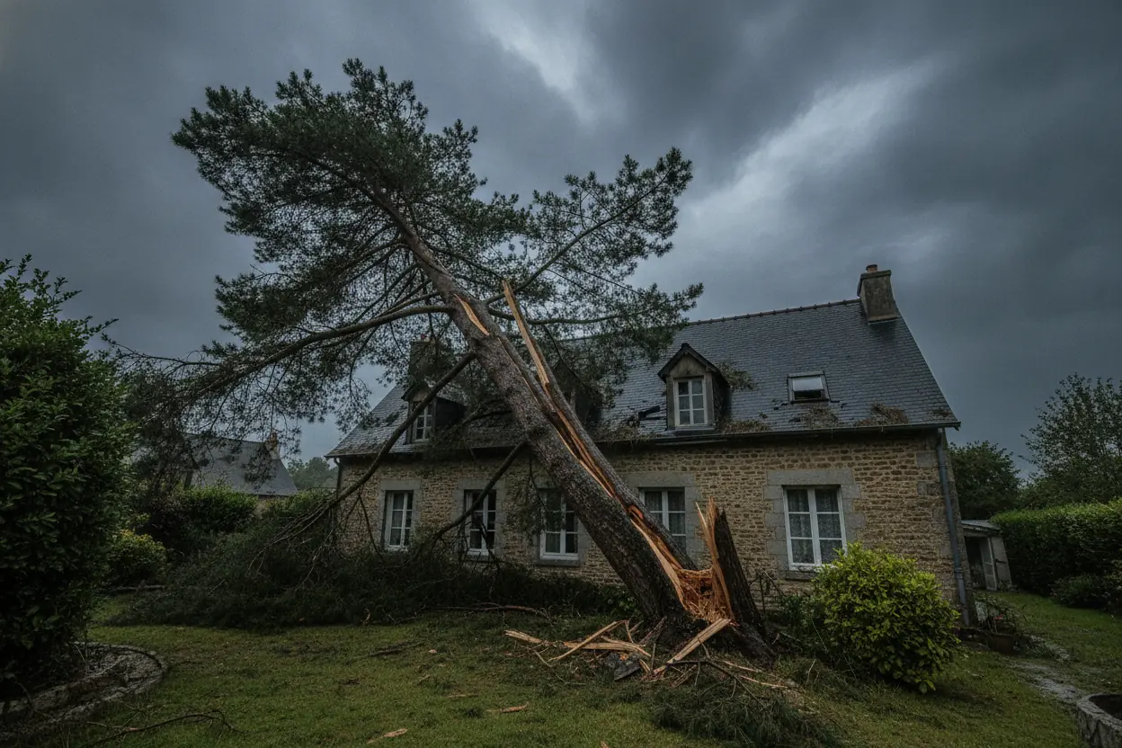 Pin fissuré au-dessus d'une maison à Caen